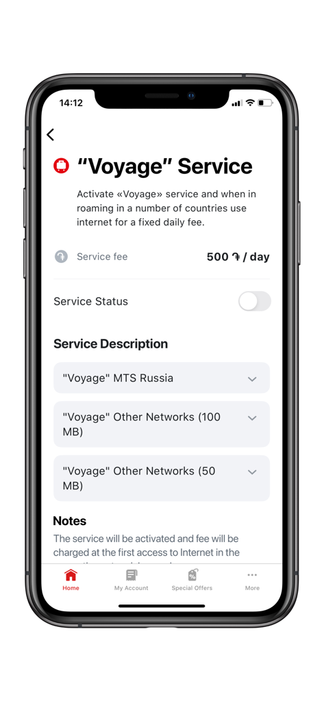 My-Viva - My-Viva app interface for the Voyage roaming service showing service fees and status toggle