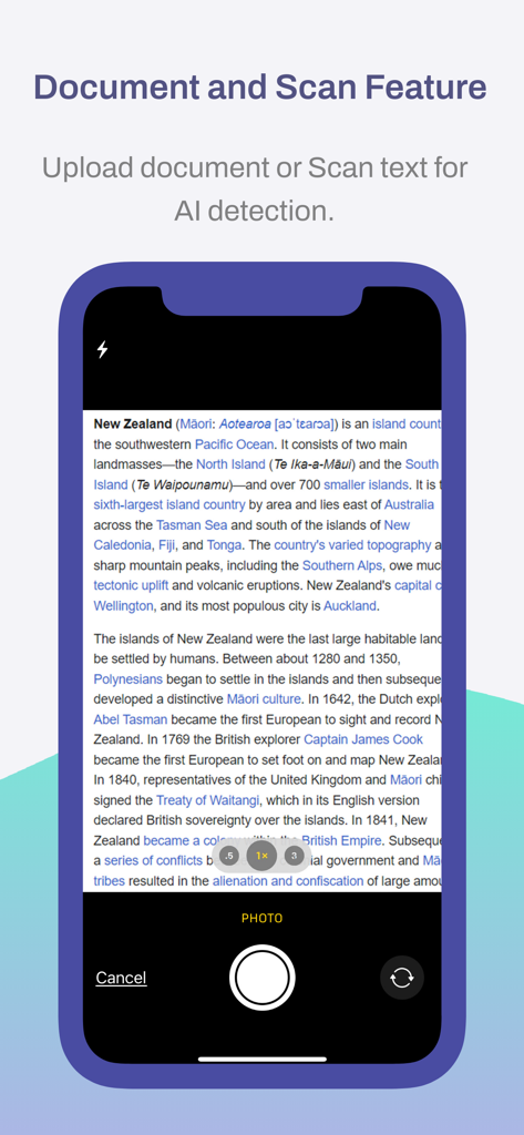 Interfaz de iPhone usando la cámara para escanear un documento impreso en busca de detección de escritura IA
