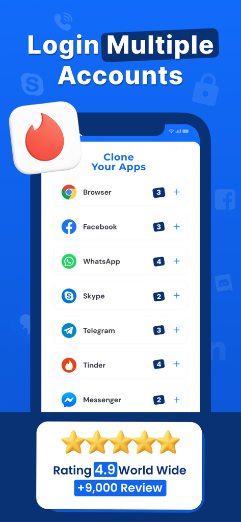 Parallel Space: Dual Accounts' - Parallel Space app interface showing options to clone and login to multiple social media accounts like WhatsApp and Facebook