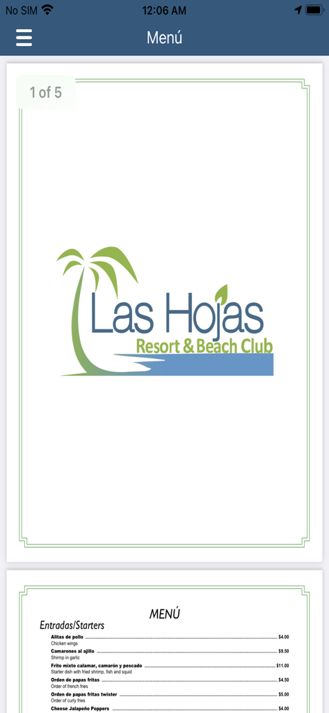 Las Hojas Resort - Pantalla del menú digital de la aplicación Las Hojas Resort mostrando el logo y una lista de entrantes con precios.