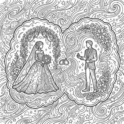Embark on an ethereal coloring journey with this stunning Eskimo Nebula wedding scene, where celestial wonders meet romantic celebration. Discover intricate details of a bride, groom, and cosmic elements, perfect for an out-of-this-world coloring experience.
