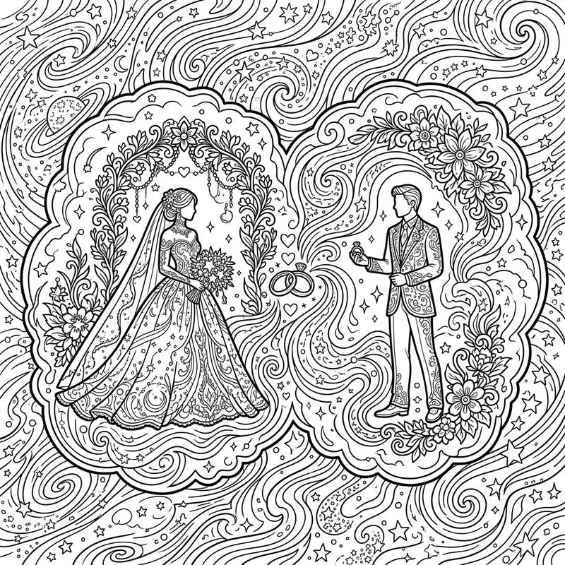 Embark on an ethereal coloring journey with this stunning Eskimo Nebula wedding scene, where celestial wonders meet romantic celebration. Discover intricate details of a bride, groom, and cosmic elements, perfect for an out-of-this-world coloring experience.