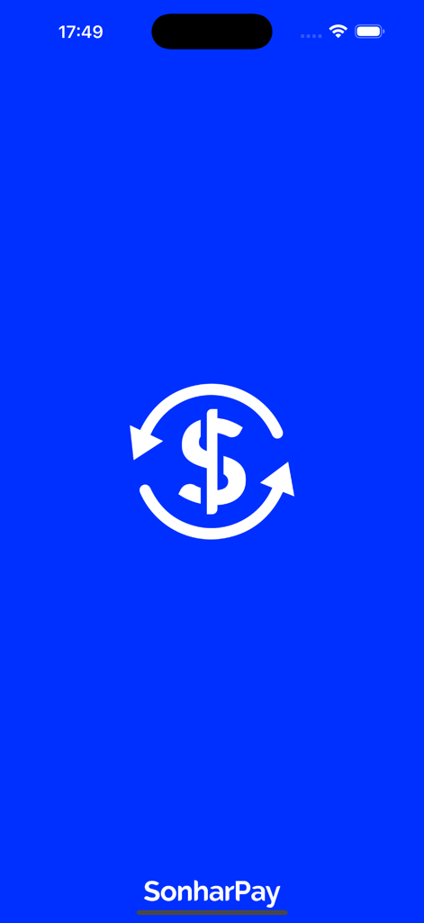 Sonhar Pay - Sonhar Pay splash screen featuring a white dollar sign and arrow logo on a blue background
