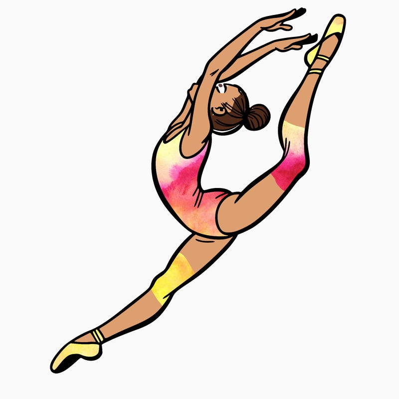 gymnast doing a leap in a leotard with a bent back leg