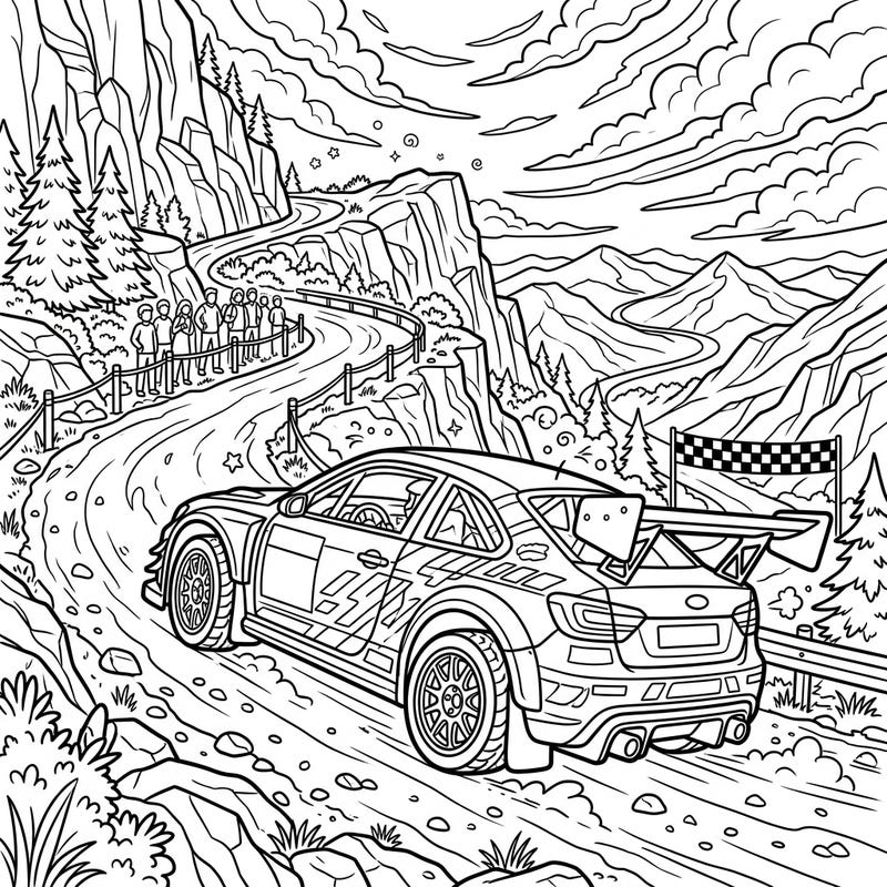 Experience the adrenaline of a hillclimb race with this action-packed coloring page. Dive into a thrilling scene featuring a powerful race car tackling a steep mountain road, perfect for speed enthusiasts.