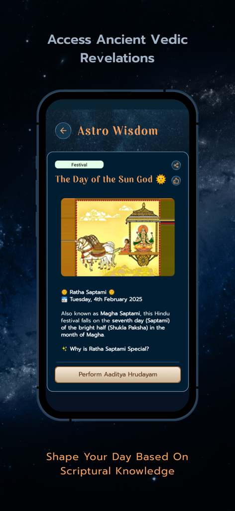 Astro Sadhana: Vedic Astrology - Astro Sadhana app interface showing ancient Vedic wisdom and information about the Ratha Saptami festival for the Sun God.