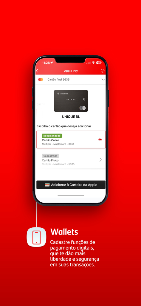 Interface of the Santander Way app showing the option to add a virtual or physical credit card to Apple Wallet for secure digital payments.