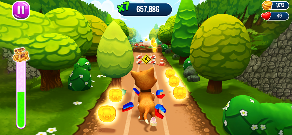 Pet Run - Puppy Dog Run Game - Ein rotes Kätzchen rennt durch einen grünen Park und sammelt Münzen im Spiel Pet Run