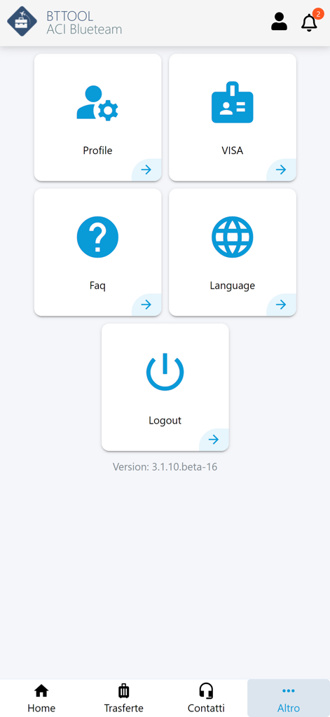 BTTool - Interfaccia dell'app BTTool che mostra riquadri del menu per profilo, visto, FAQ e impostazioni della lingua