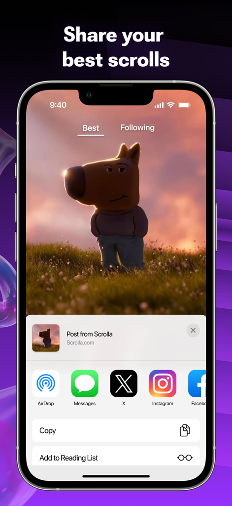 Scrolla app share screen showing options to send a fun reel to friends via social media apps