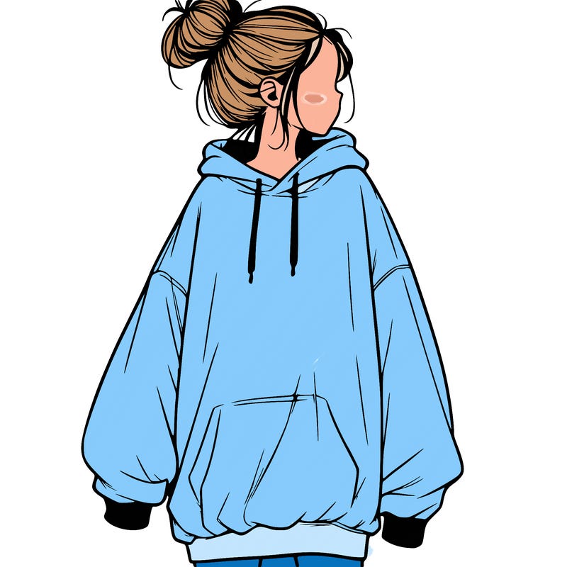 realistic girl with a oversized sweatshirt on and a bun