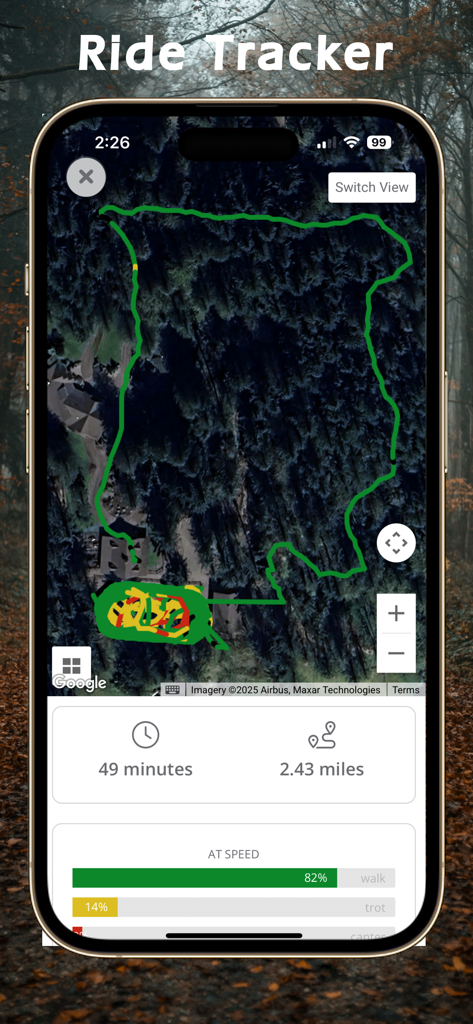Equestrian App - Equestrian App Ride Tracker screen showing a GPS map of a horse ride with duration distance and gait stats