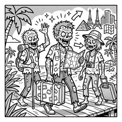 Get ready for a hilariously spooky journey with this unique Pop Art coloring page featuring zombies on a globetrotting vacation. Enjoy bold outlines and classic comic book halftone patterns as these undead tourists explore famous landmarks.