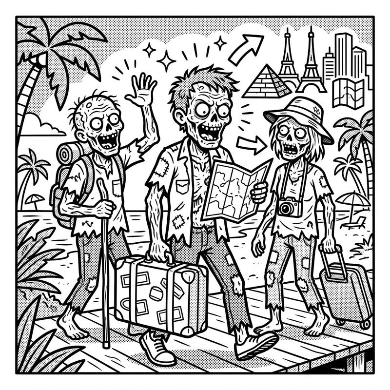 Get ready for a hilariously spooky journey with this unique Pop Art coloring page featuring zombies on a globetrotting vacation. Enjoy bold outlines and classic comic book halftone patterns as these undead tourists explore famous landmarks.