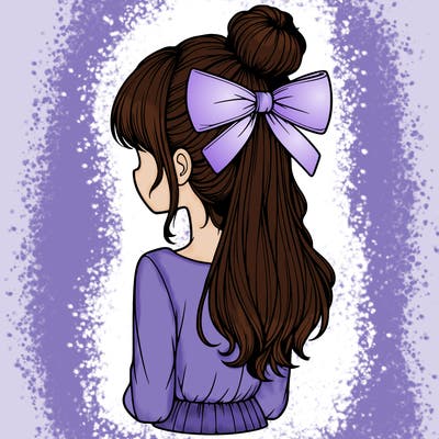realistic girl  with hip length hair a bun and a big bow on the back of head