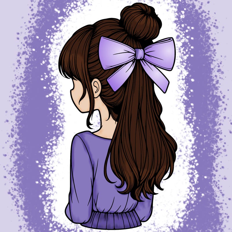 realistic girl  with hip length hair a bun and a big bow on the back of head