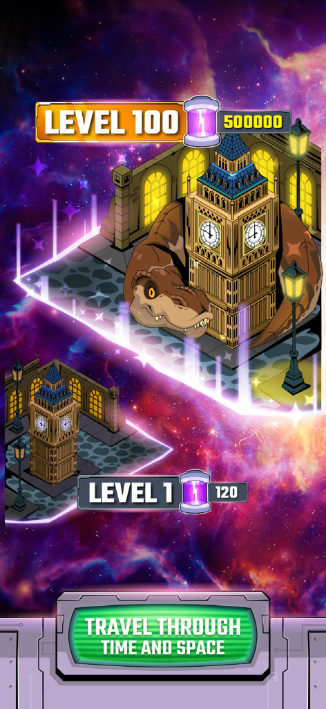 Doctor Who: Lost In Time - Doctor Who Lost In Time idle game showing a dinosaur around Big Ben in space