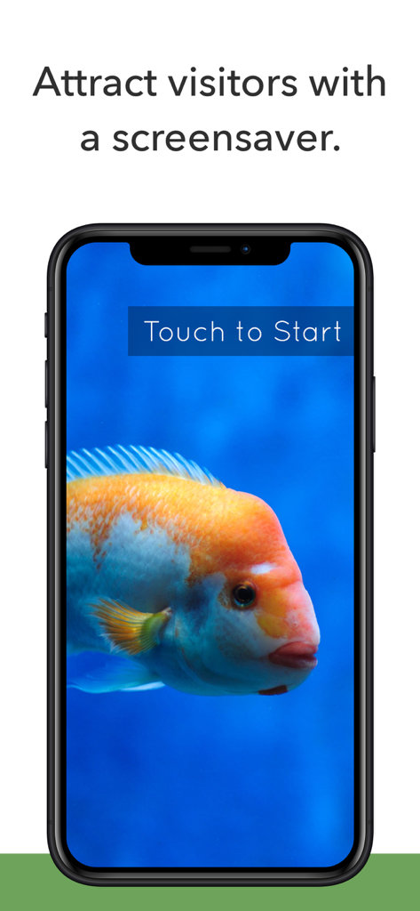 Kiosk Pro Plus - Smartphone displaying the Kiosk Pro Plus screensaver feature with an orange fish and a Touch to Start button.