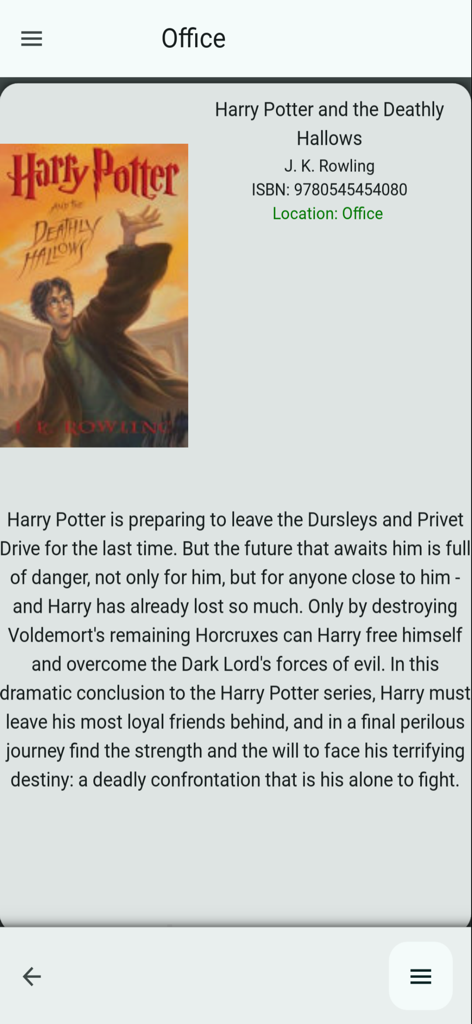 Detailed book view in Home Library Catalog app featuring Harry Potter and the Deathly Hallows