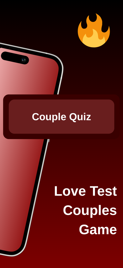 Couple App Would You Rather - Botón 'Cuestionario para Parejas' y texto 'Juego de Cuestionario para Parejas y Prueba de Amor' sobre un fondo rojo oscuro con un emoji de fuego