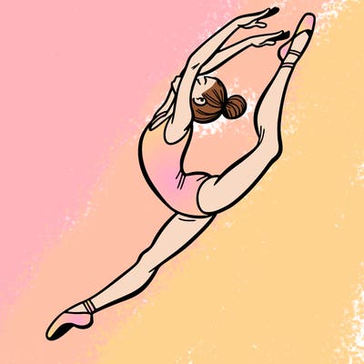 gymnast doing a leap in a leotard with a bent back leg