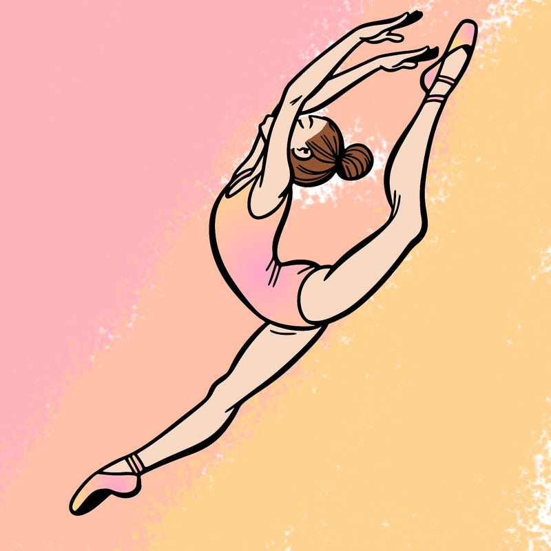 gymnast doing a leap in a leotard with a bent back leg