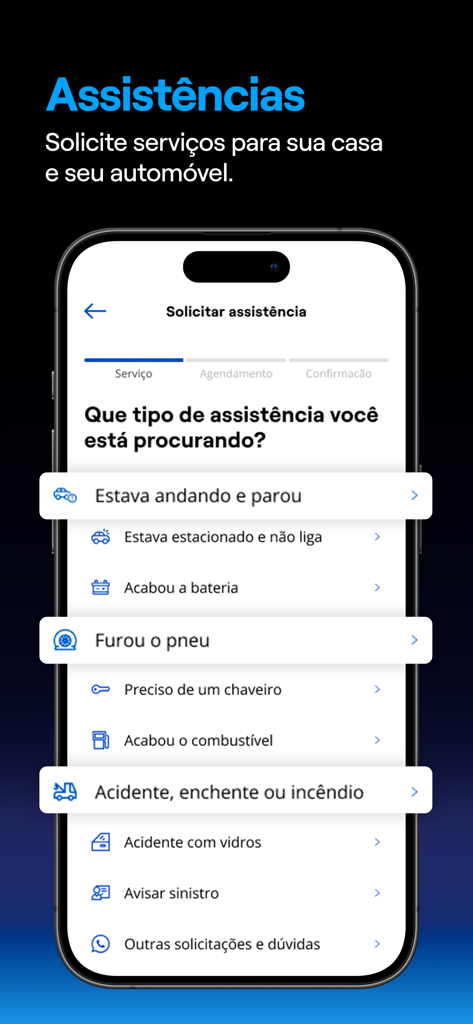 Interface of the Porto app showing a list of roadside and home assistance options like flat tire and dead battery support