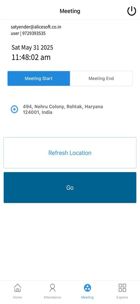 Alice Attendance app interface for starting and ending meetings with real-time geo-location tracking.