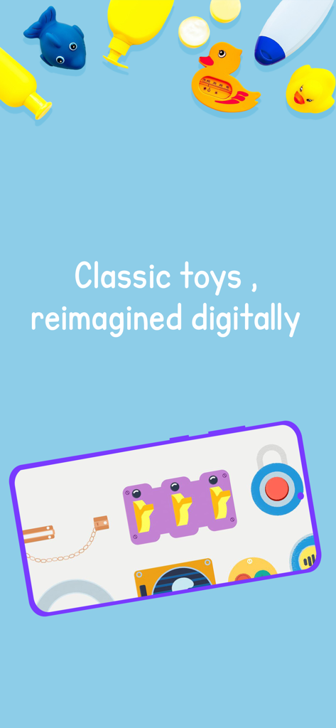 Turtlebee Montessori Preschool - Captura de pantalla de una aplicación móvil para Turtlebee Montessori que muestra juguetes clásicos reimaginados digitalmente en la pantalla de un teléfono inteligente.