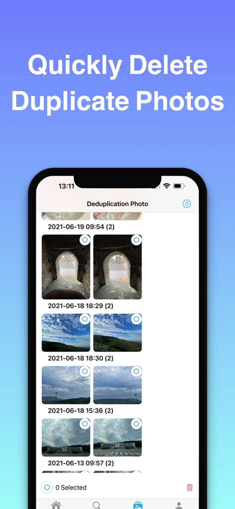 Photoswipe : Photo Cleaner - A mobile interface from Photoswipe showing how to quickly identify and delete duplicate photos to save storage.