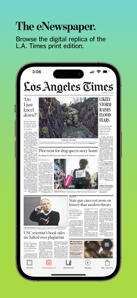 A smartphone displaying the LA Times eNewspaper digital replica of the print edition.