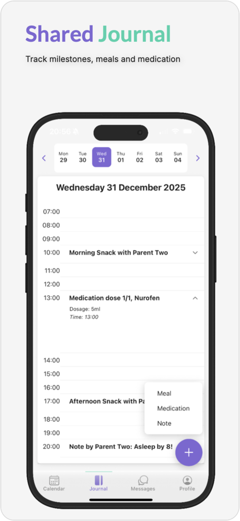 CoPals - Interfaz de Diario Compartido de la aplicación CoPals que muestra un horario diario para el seguimiento de medicamentos y comidas del niño.