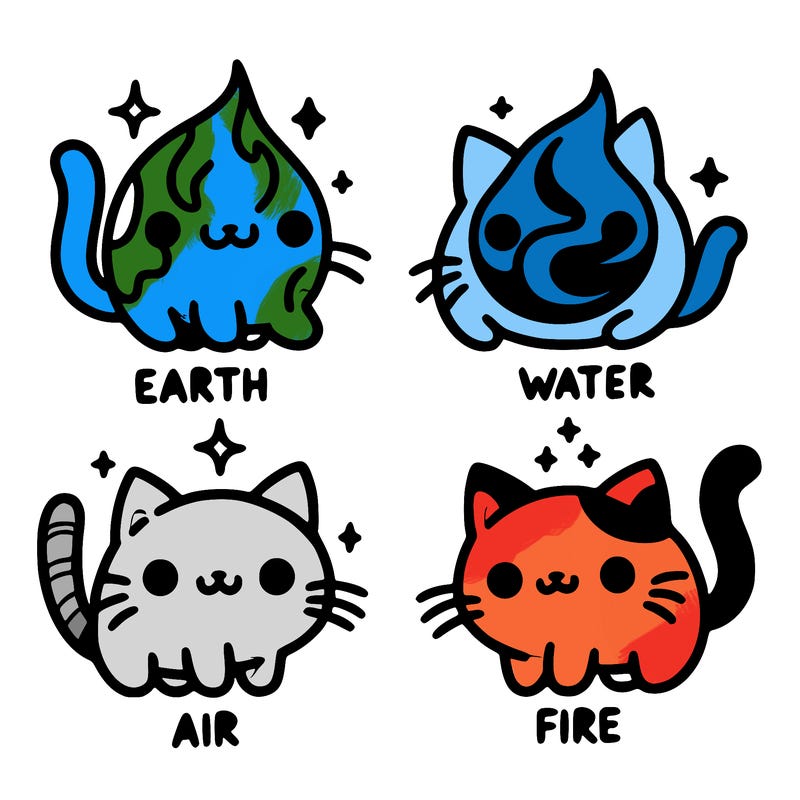 4 cats that represent the different elements, earth, water, air, and fire
