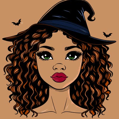 realistic black girl with wavy hair and witch hat and nose and lips