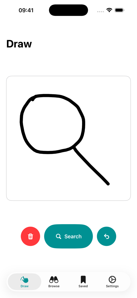 SF Search - SF Searchアプリのインターフェースに表示された、視覚的なアイコン検索用の手描きの虫眼鏡。
