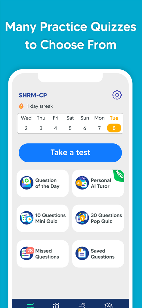 SHRM Exam Prep: HR Test 2024 - SHRM試験対策アプリのダッシュボード。今日の問題やパーソナルAIチューターなど、複数の模擬クイズオプションが表示されています。