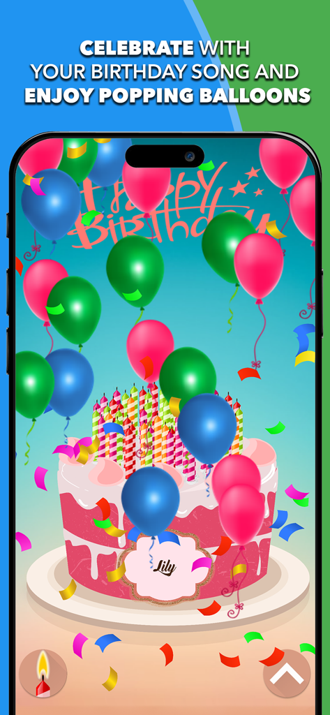A digital pink birthday cake with multiple candles surrounded by colorful balloons and confetti on a mobile app screen