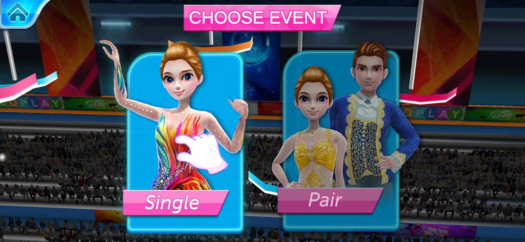 Ice Skating Ballerina - Un écran de menu dans le jeu Danseuse sur glace montrant les options pour choisir entre des épreuves de patinage en solo ou en couple avec des personnages en tenue de compétition.