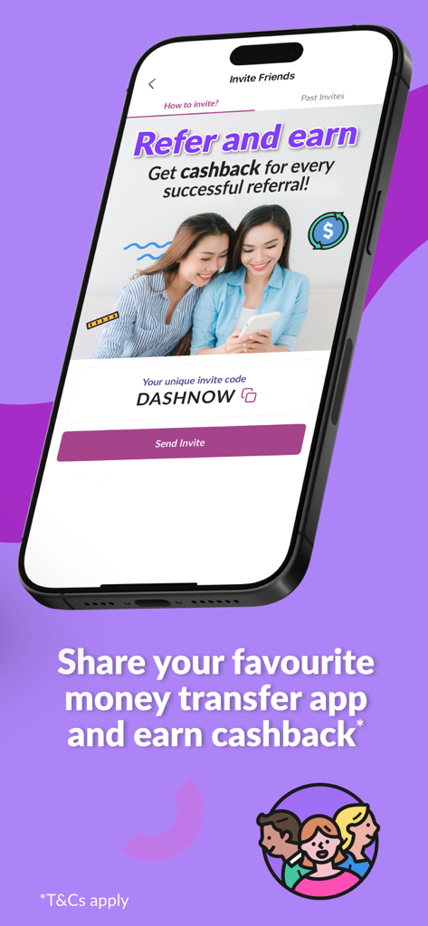 Singtel Dash - Singtel Dash referral screen showing how to earn cashback by inviting friends with a unique referral code