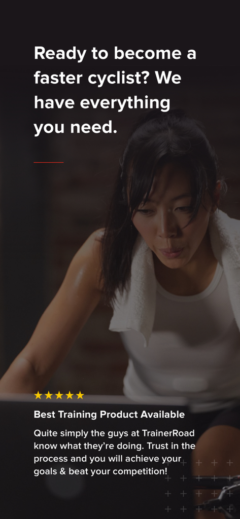 TrainerRoad - Woman training on an indoor bike with a 5 star review and marketing text for the TrainerRoad app