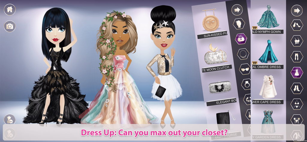 Three fashion avatars dressed in elegant gowns and stylish outfits within the Mall World game interface.
