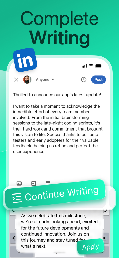 AI Type: Al Keyboard Extension - AI keyboard extension assisting a professional user in completing a post on LinkedIn