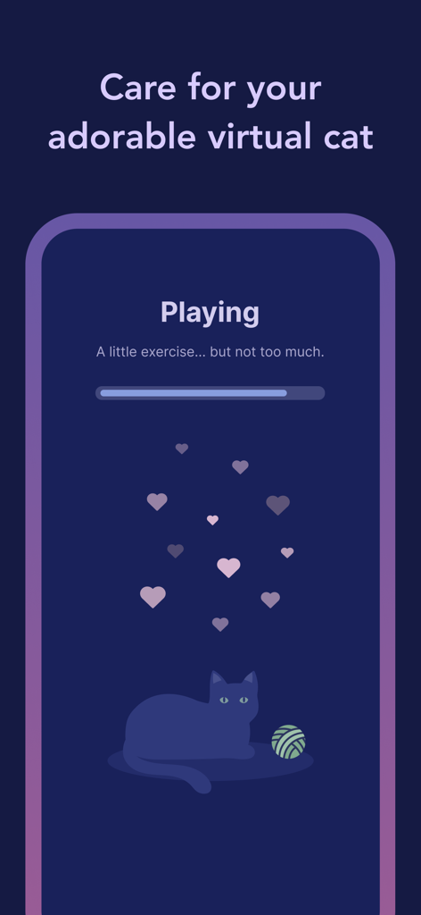 A purple virtual cat playing with a ball of yarn on the Cozy Couples app screen with floating hearts and a progress bar.