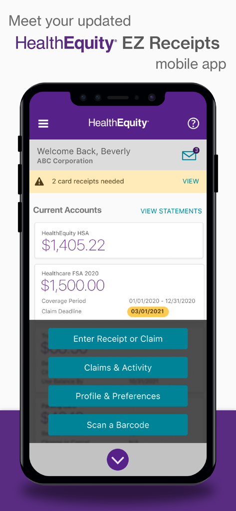EZ Receipts app home screen showing HSA and FSA account balances and receipt management options