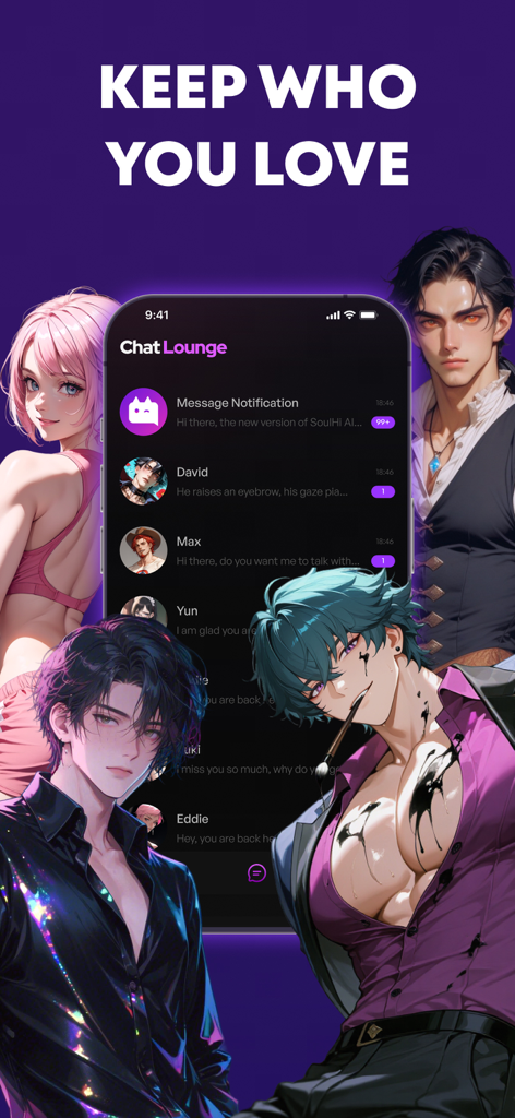 SoulHi: AI Live Roleplay Chat - Screenshot of the SoulHi AI app Chat Lounge interface displaying a list of anime-style AI characters for roleplay and companionship.