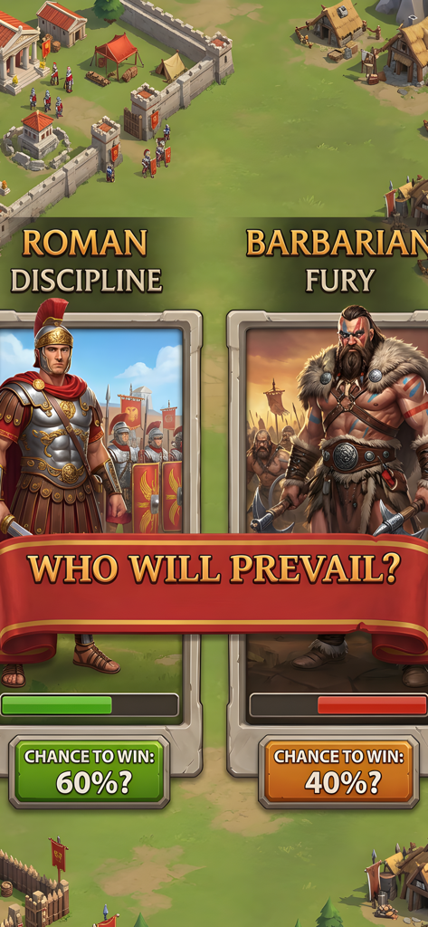Roman Empire: Strategy Game - Un soldado romano y un guerrero bárbaro comparados con probabilidades de victoria en una interfaz de juego de estrategia