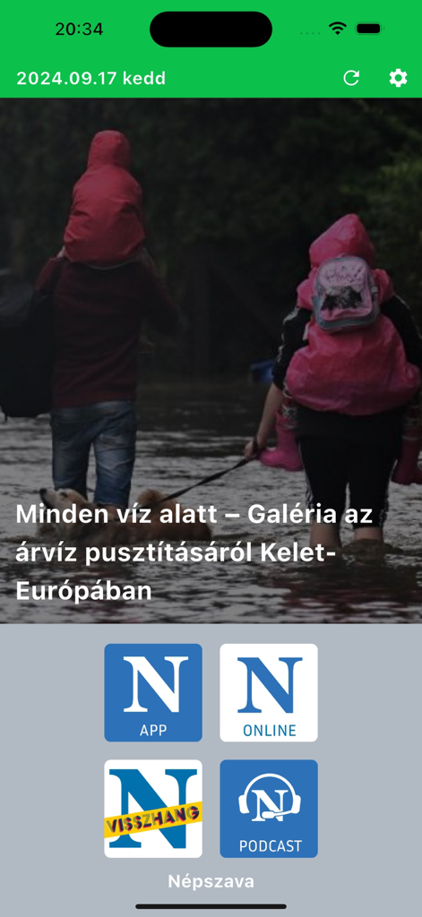 Nepszava news app home screen with a lead story about flooding and navigation menu icons