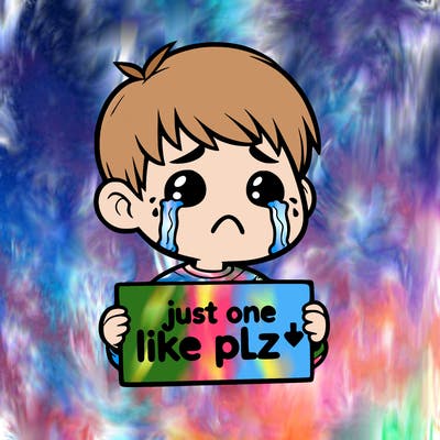 realistic crying boy with a sign saying just one like plz