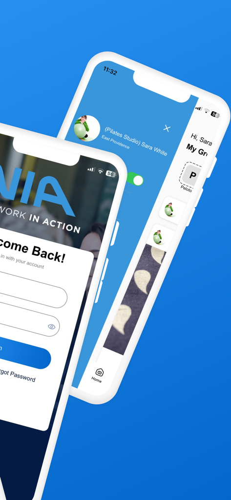 Network In Action - Interface de login e perfil de membro do aplicativo Network In Action em dispositivos móveis