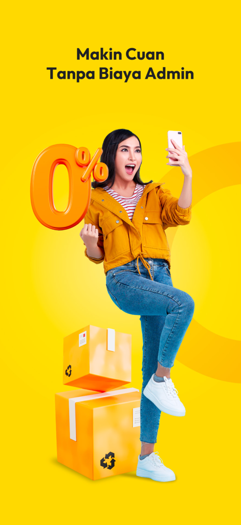 Toco - Sell and Buy - A woman celebrating zero percent commission on the Toco marketplace app with shipping boxes and a smartphone